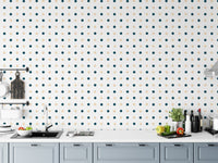 Dark Blue and Golden Polka Dots White Background Wallpaper used as a kitchen backsplash.