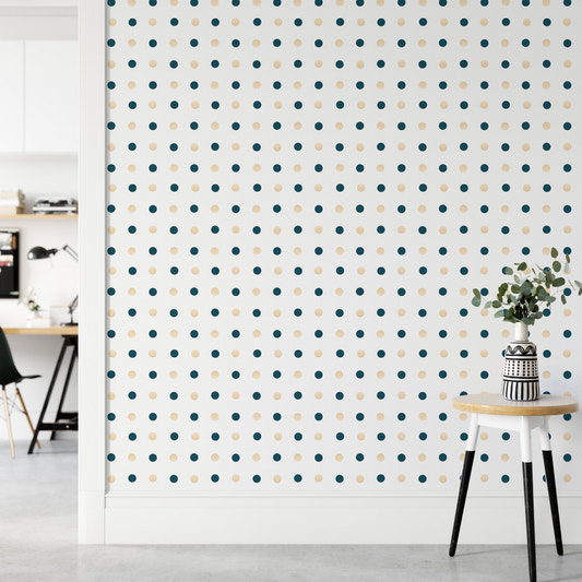 Dark Blue and Golden Polka Dots White Background Wallpaper in a home office.