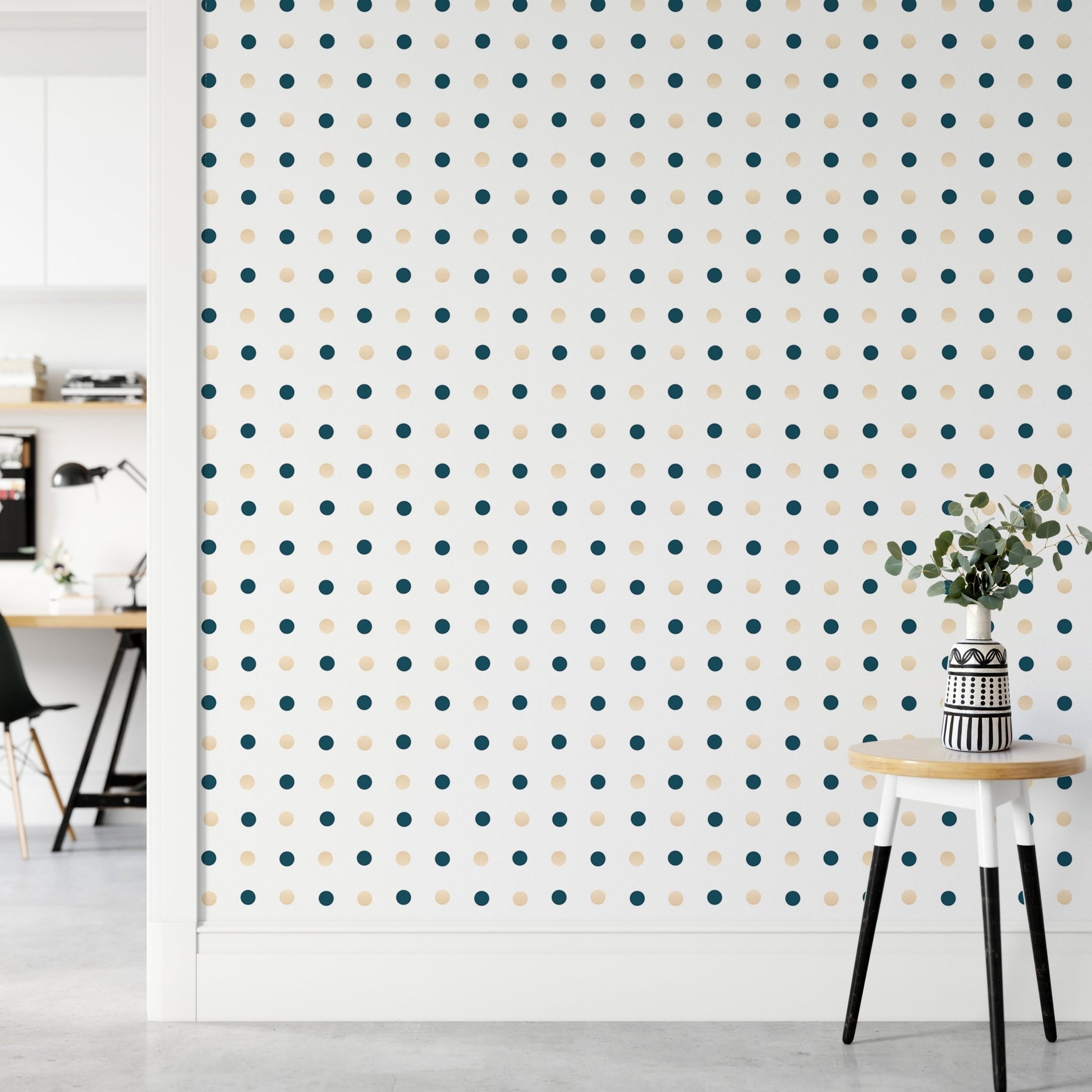 Dark Blue and Golden Polka Dots White Background Wallpaper in a home office.