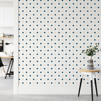 Dark Blue and Golden Polka Dots White Background Wallpaper in a home office.