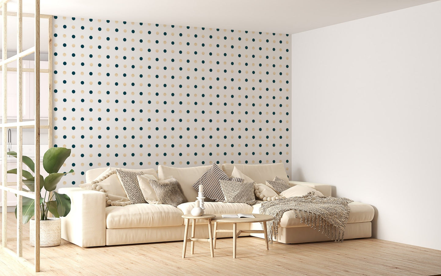 Modern polka dot wallpaper in a large living space with a white sofa.
