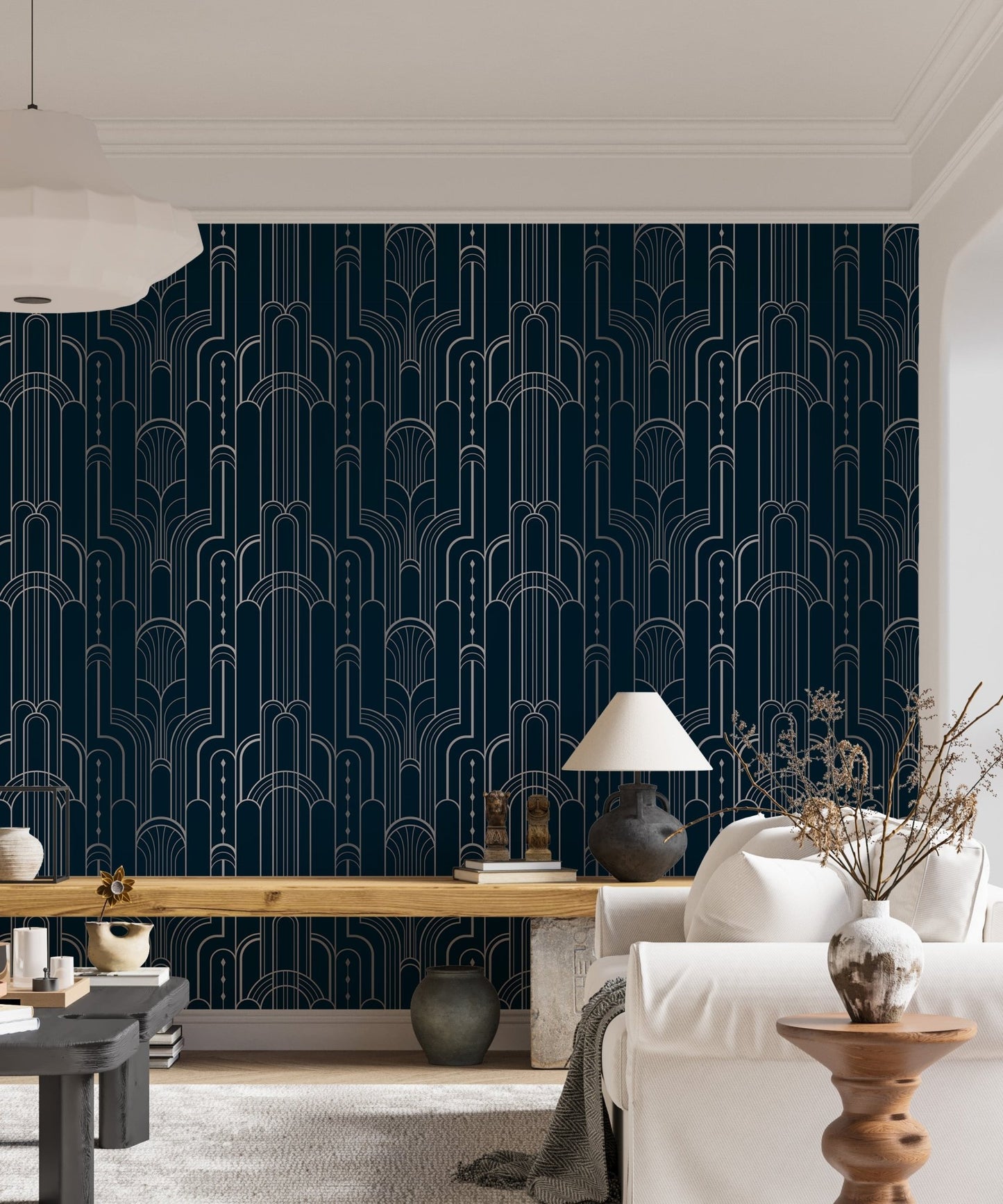 Dark Blue and Silver Color Art Deco Removable Wallpaper in a bright living area.