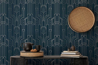 Dark Blue and Silver Color Art Deco Removable Wallpaper behind a black sideboard.