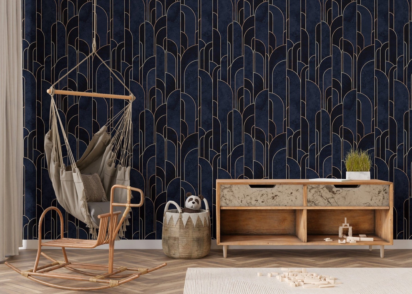 Blue Art Deco self-adhesive wallpaper for nursery walls.