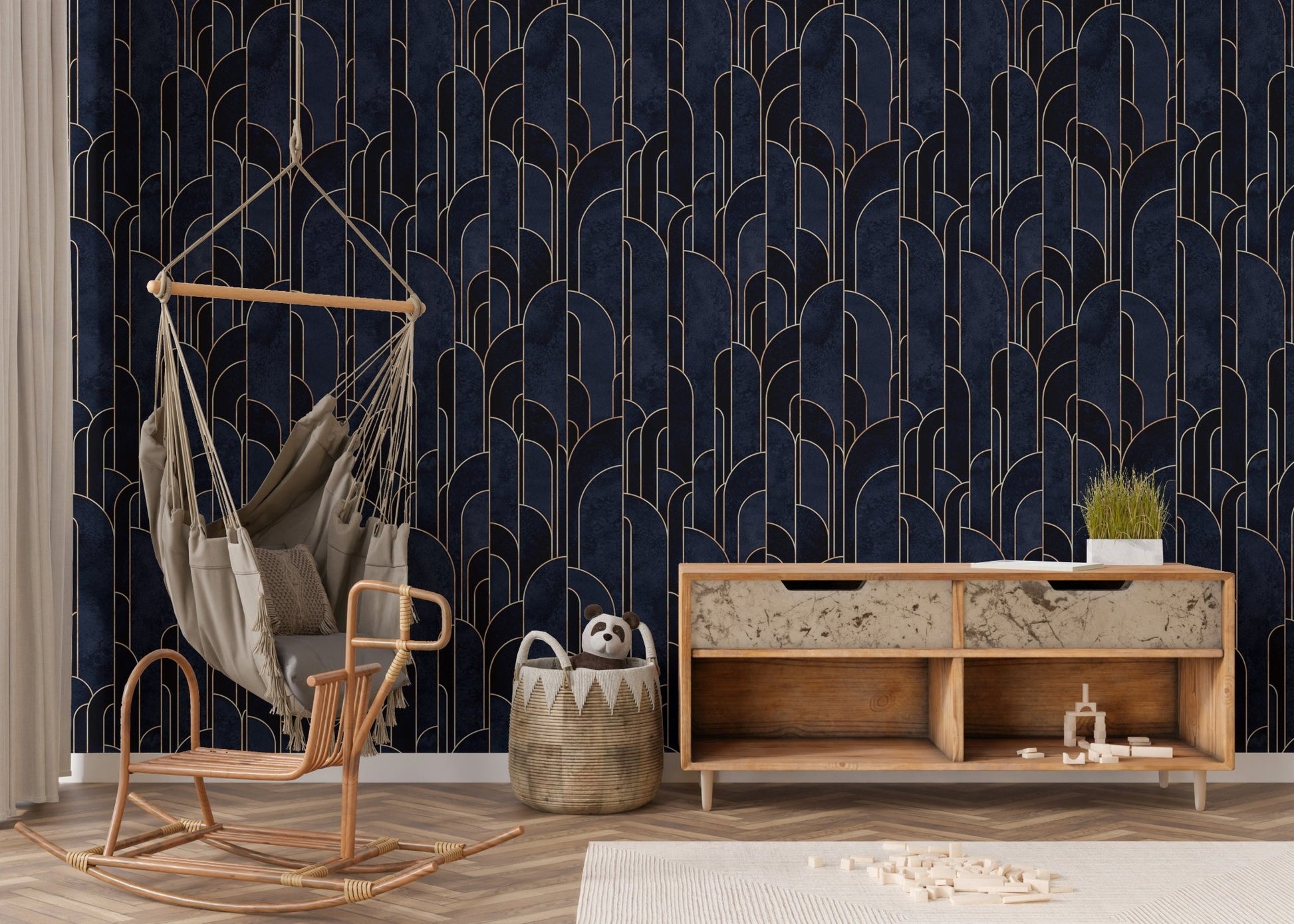 Blue Art Deco self-adhesive wallpaper for nursery walls.