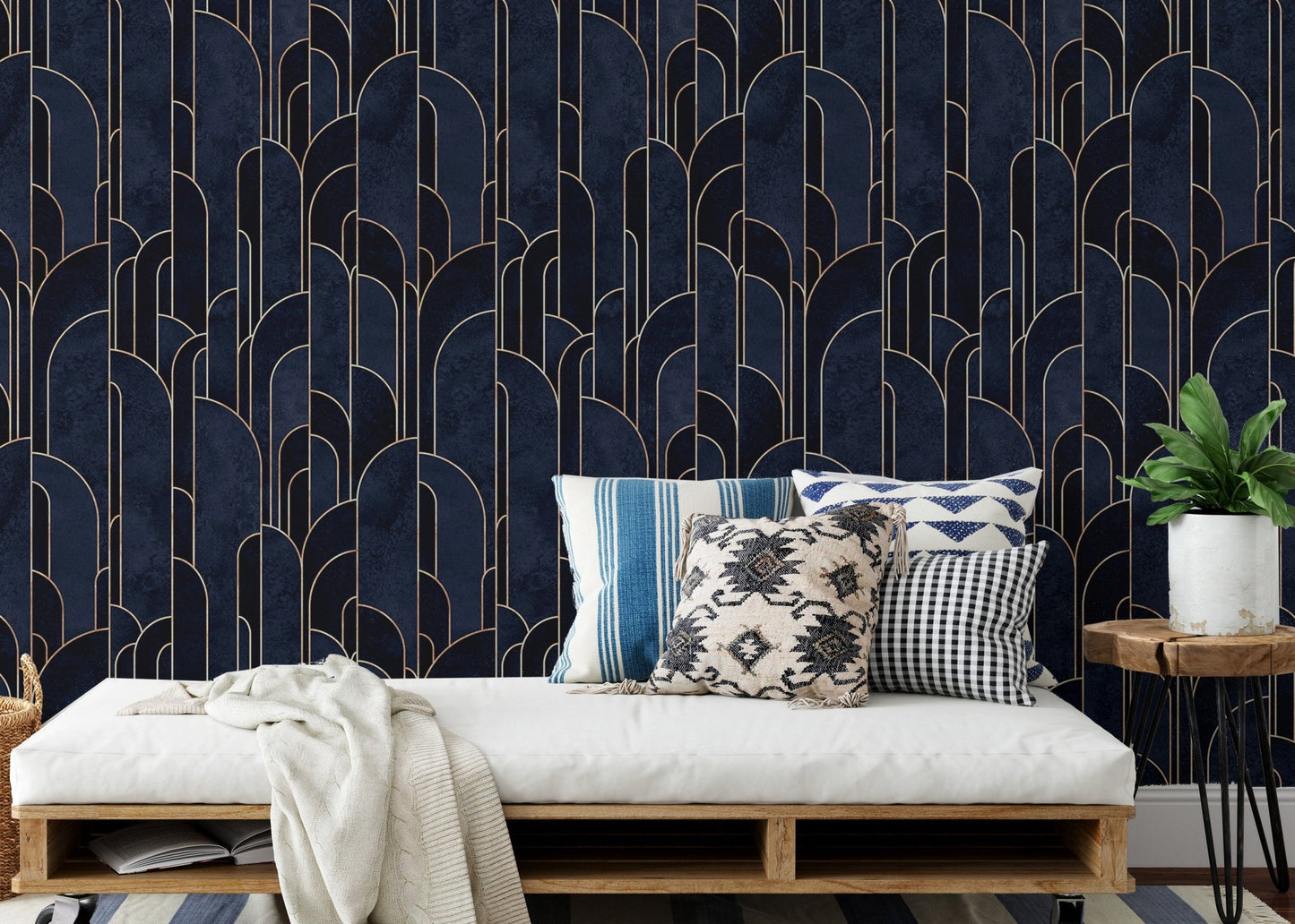 Modern dark blue Deco wallpaper with easy application in living area.
