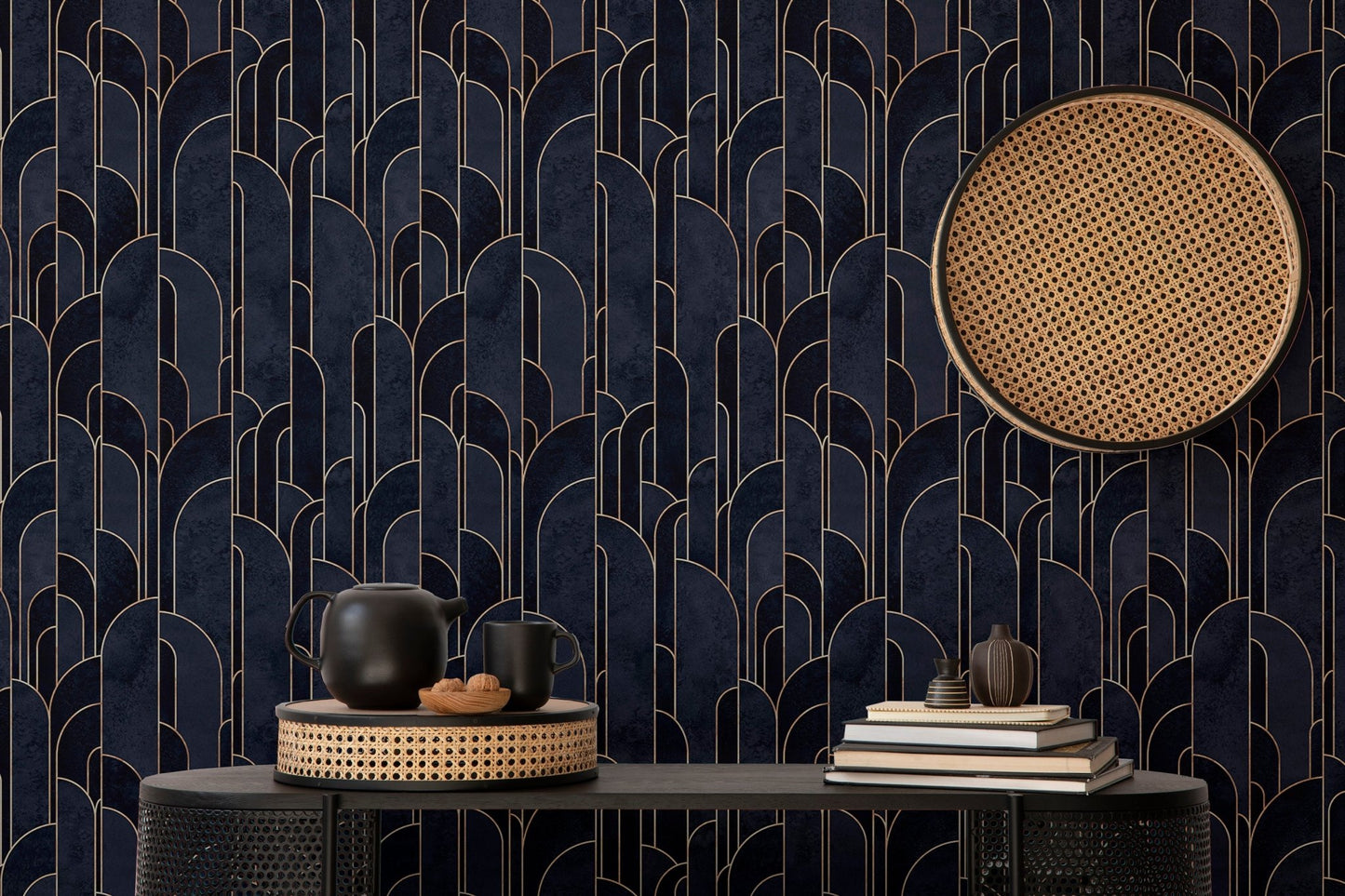 Sleek dark blue Deco self-adhesive design wallpaper near study table.