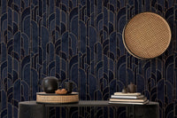 Sleek dark blue Deco self-adhesive design wallpaper near study table.