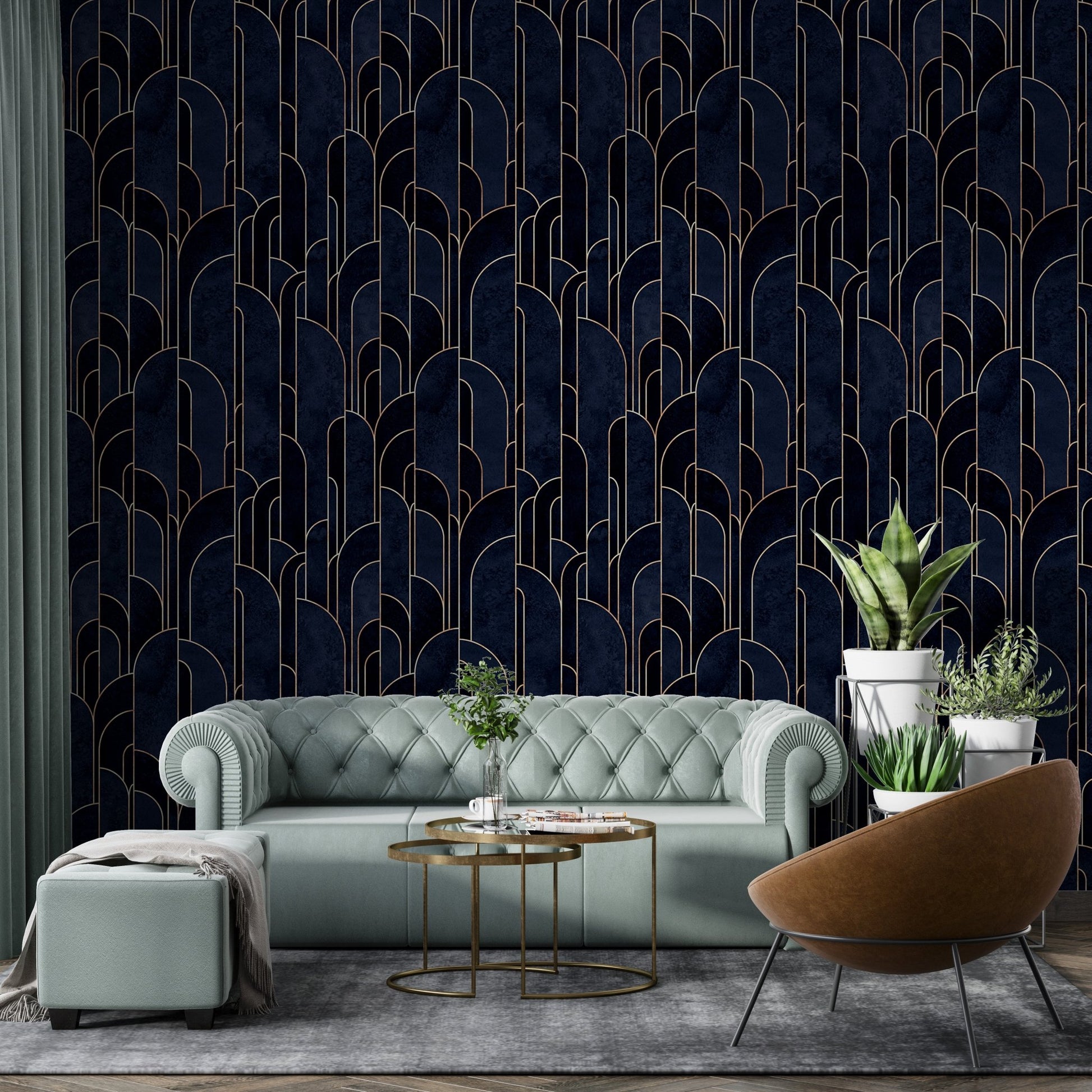 Art Deco wallpaper behind a mint green sofa in a living room.