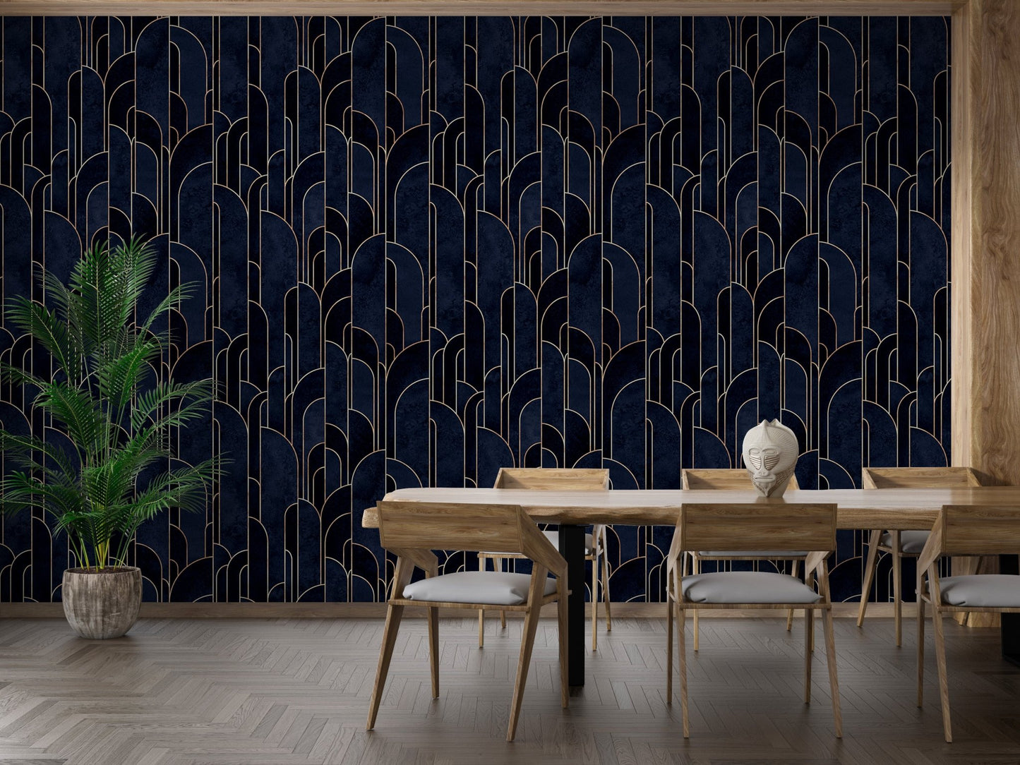 Self-adhesive Deco wallpaper in dark blue tones for dining room.