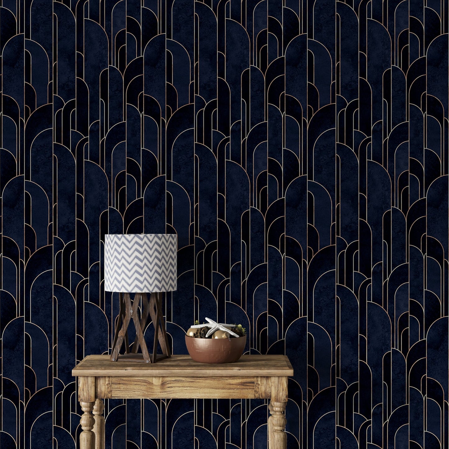 Elegant dark blue Deco wallpaper design for adhesive living walls.