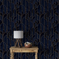Elegant dark blue Deco wallpaper design for adhesive living walls.