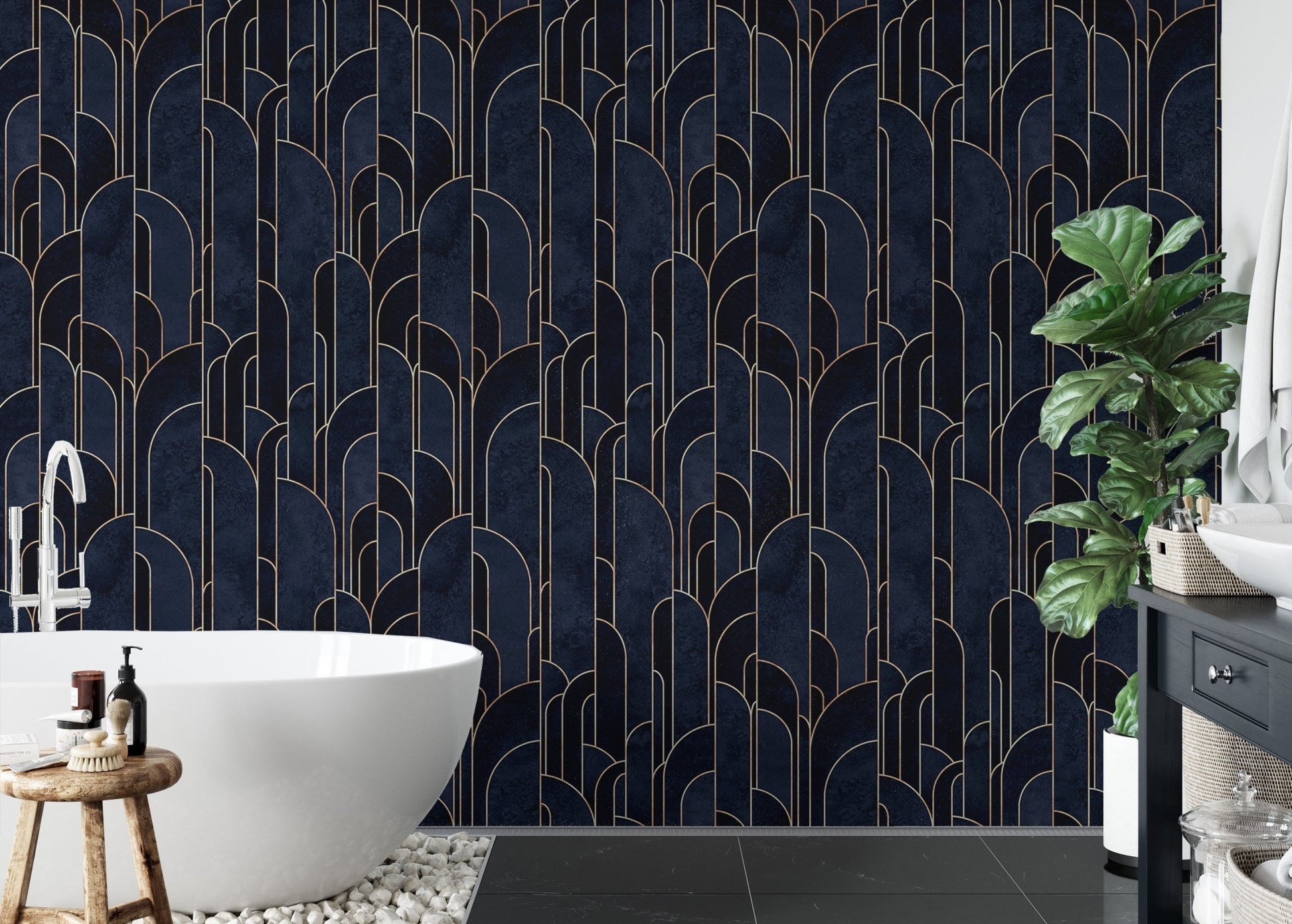 Adhesive dark blue Deco wallpaper for stylish bathroom decor.