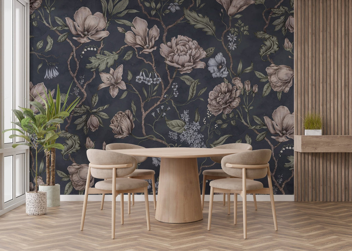 Dark blue chinoiserie wall mural with vintage floral patterns and navy tones.