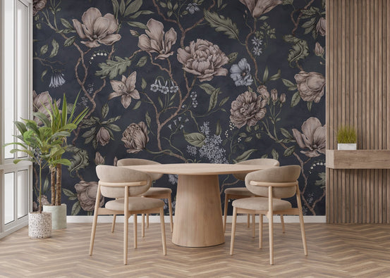 Dark blue chinoiserie wall mural with vintage floral patterns and navy tones.