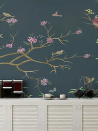 Dark Blue Chinoiserie Wallpaper Mural - Wallanza