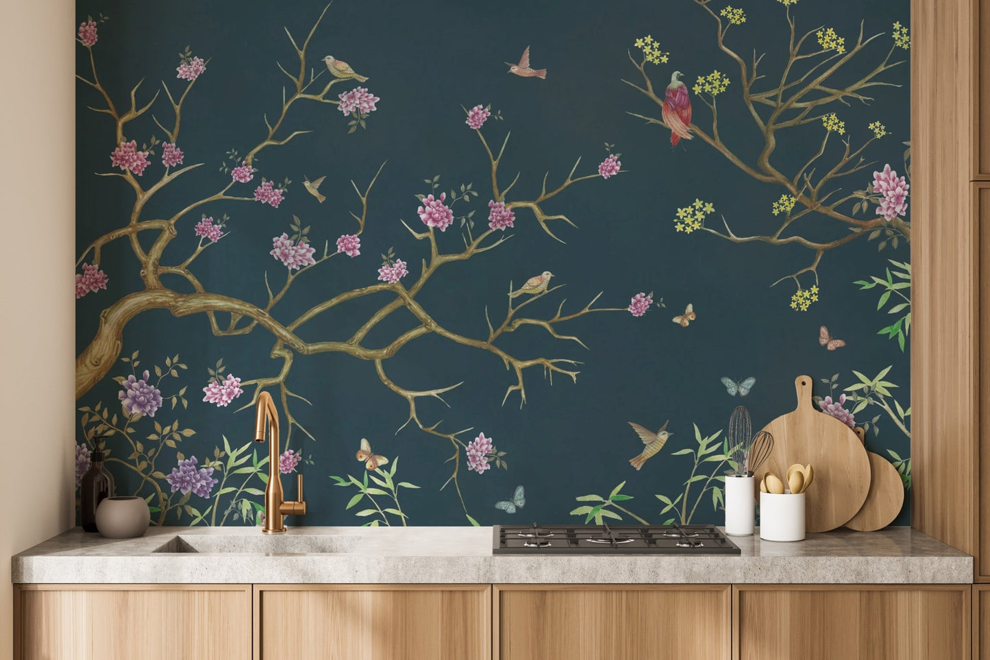 Dark Blue Chinoiserie Wallpaper Mural - Wallanza