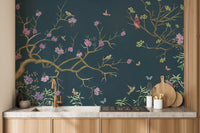 Dark Blue Chinoiserie Wallpaper Mural - Wallanza
