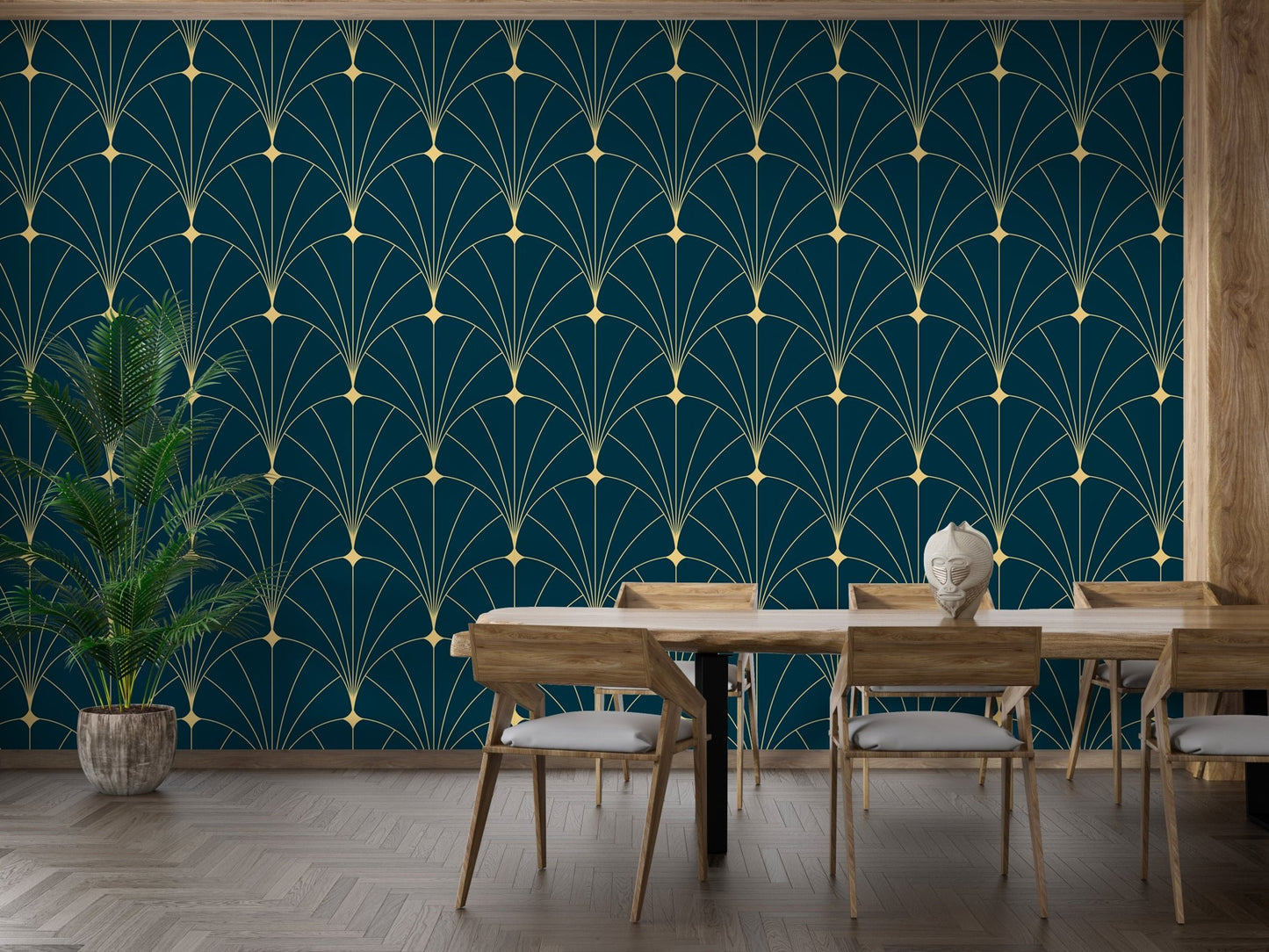 Dark Blue Color Abstract Art Deco Wallpaper on dining room wall with wooden furniture.
