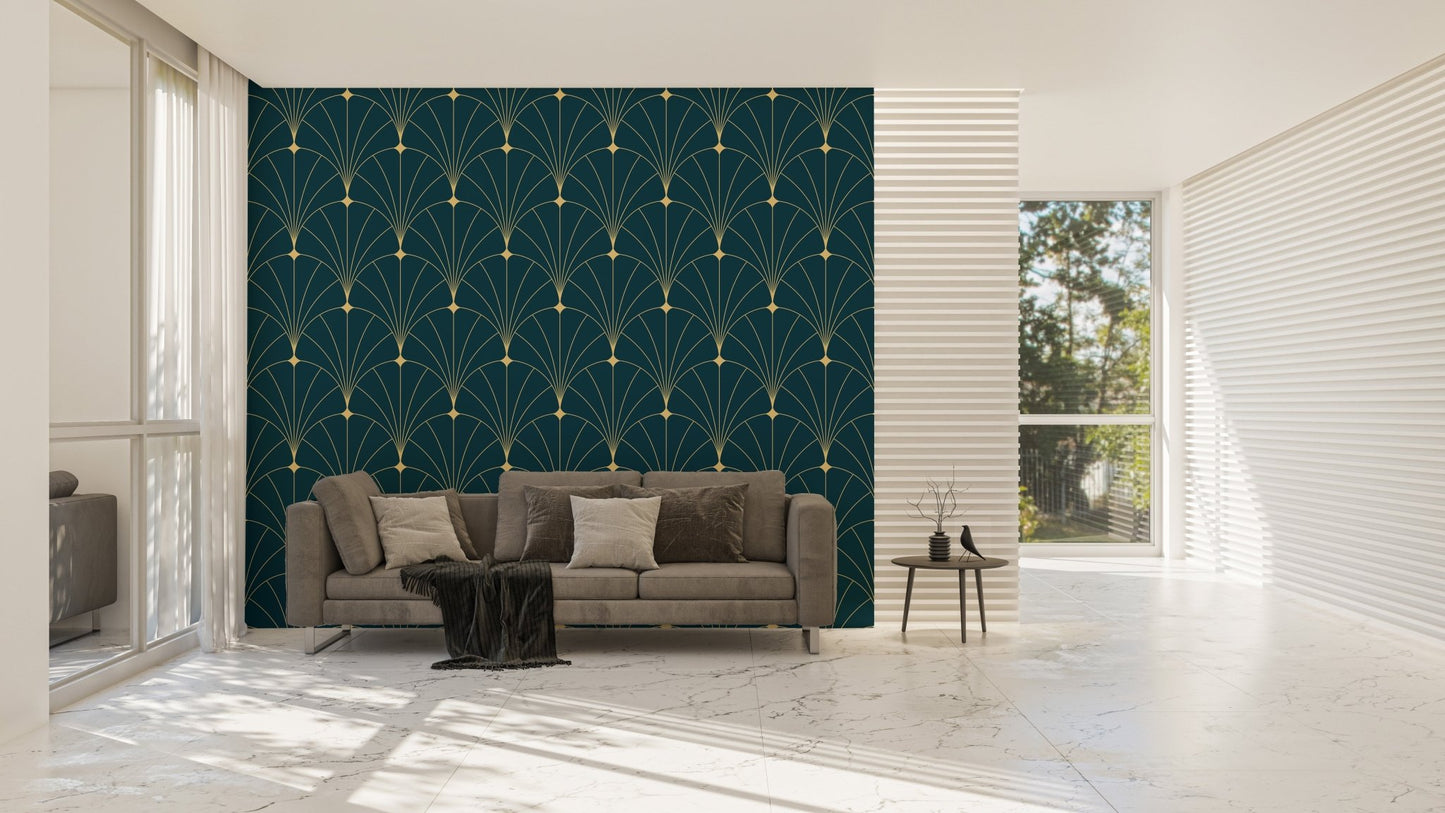 Dark Blue Color Abstract Art Deco Wallpaper as a backdrop in a minimalist seating area.