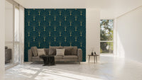 Dark Blue Color Abstract Art Deco Wallpaper as a backdrop in a minimalist seating area.
