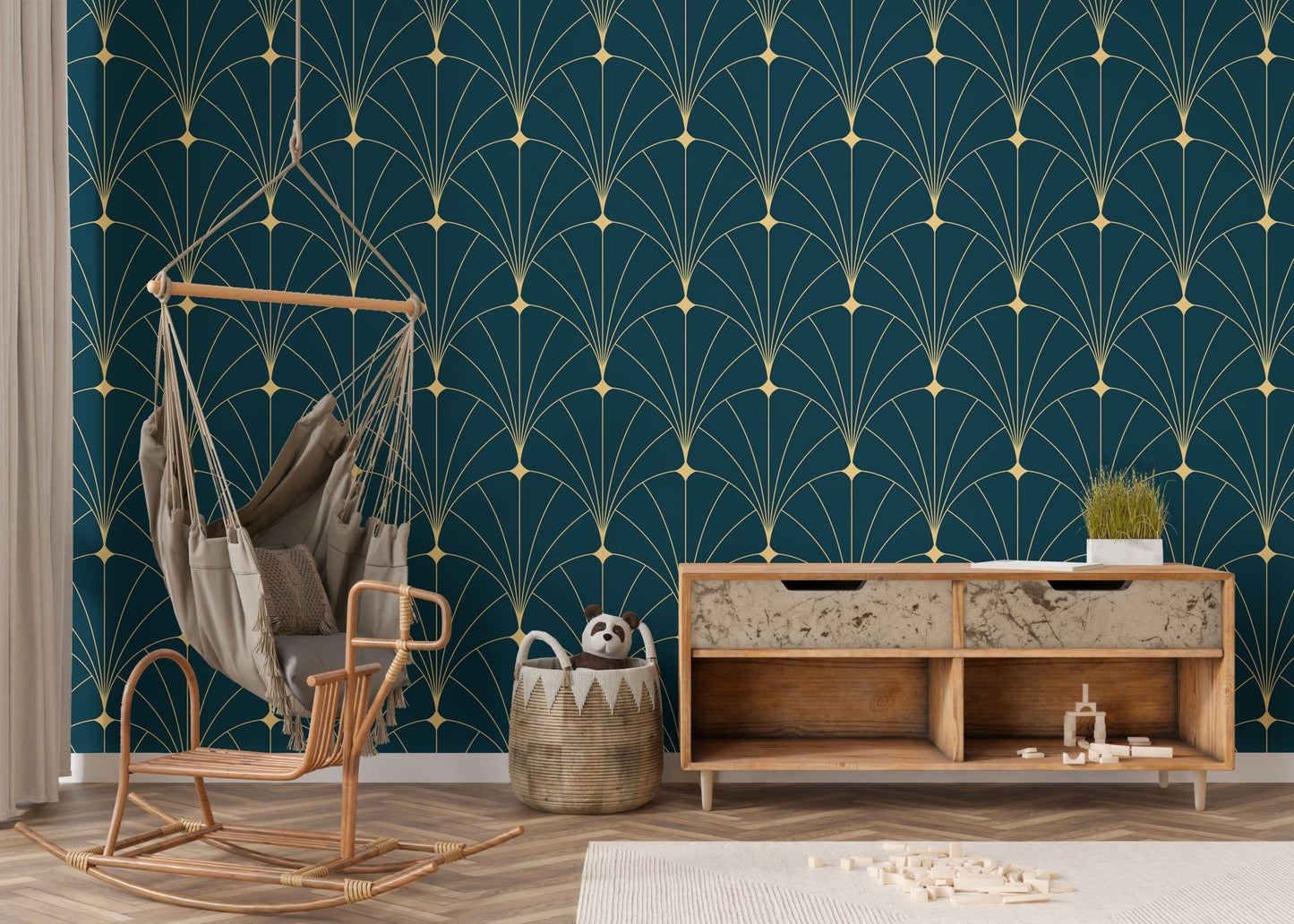 Geometric gold line wallpaper in a relaxation nook with a hanging chair.