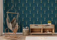 Geometric gold line wallpaper in a relaxation nook with a hanging chair.