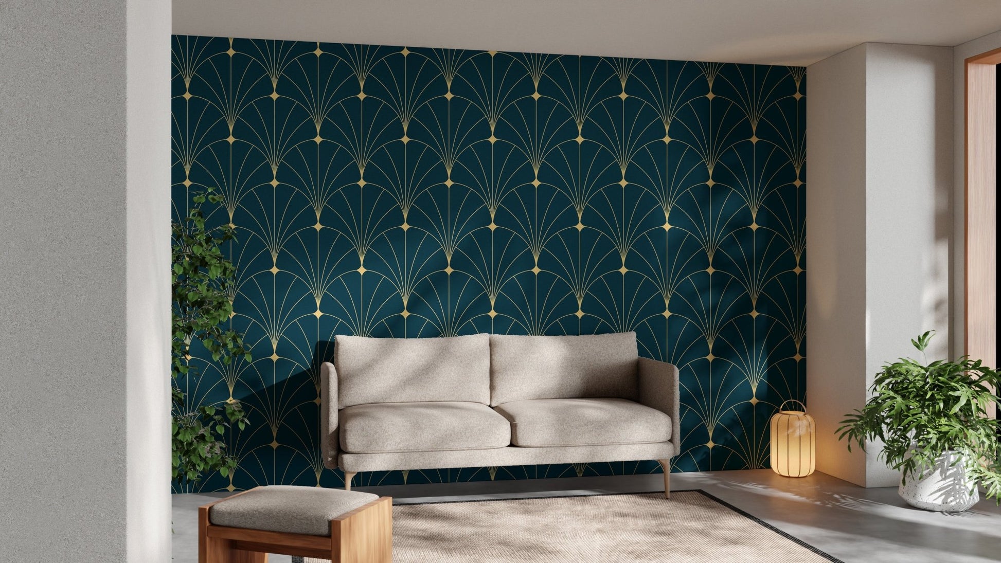 Blue and gold fan pattern wallpaper in a contemporary flat with neutral decor.