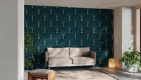 Blue and gold fan pattern wallpaper in a contemporary flat with neutral decor.