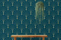Symmetrical gold arch wallpaper above a wooden bench in a hallway.