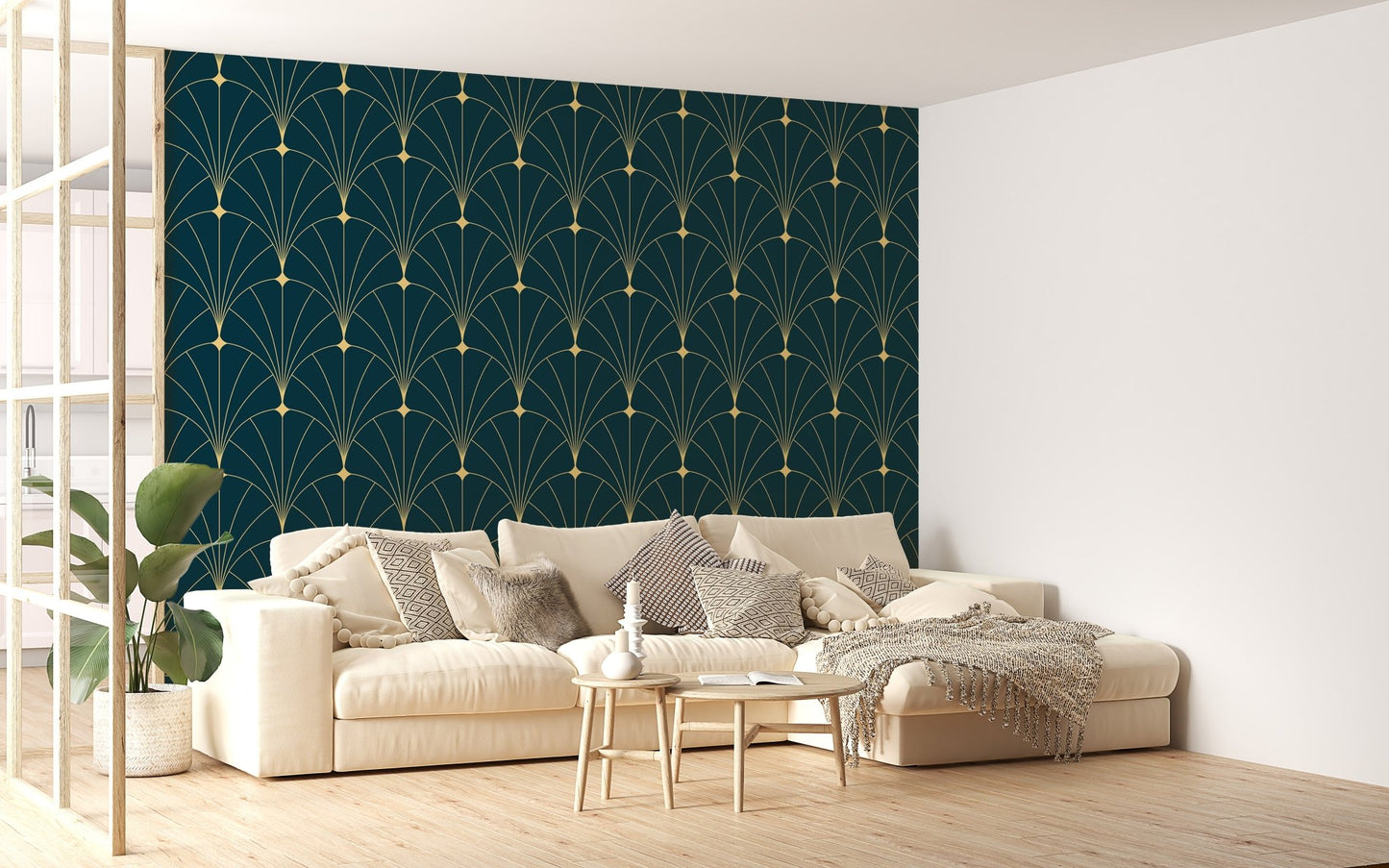 Teal blue geometric wallpaper in a bright open-plan apartment living area.
