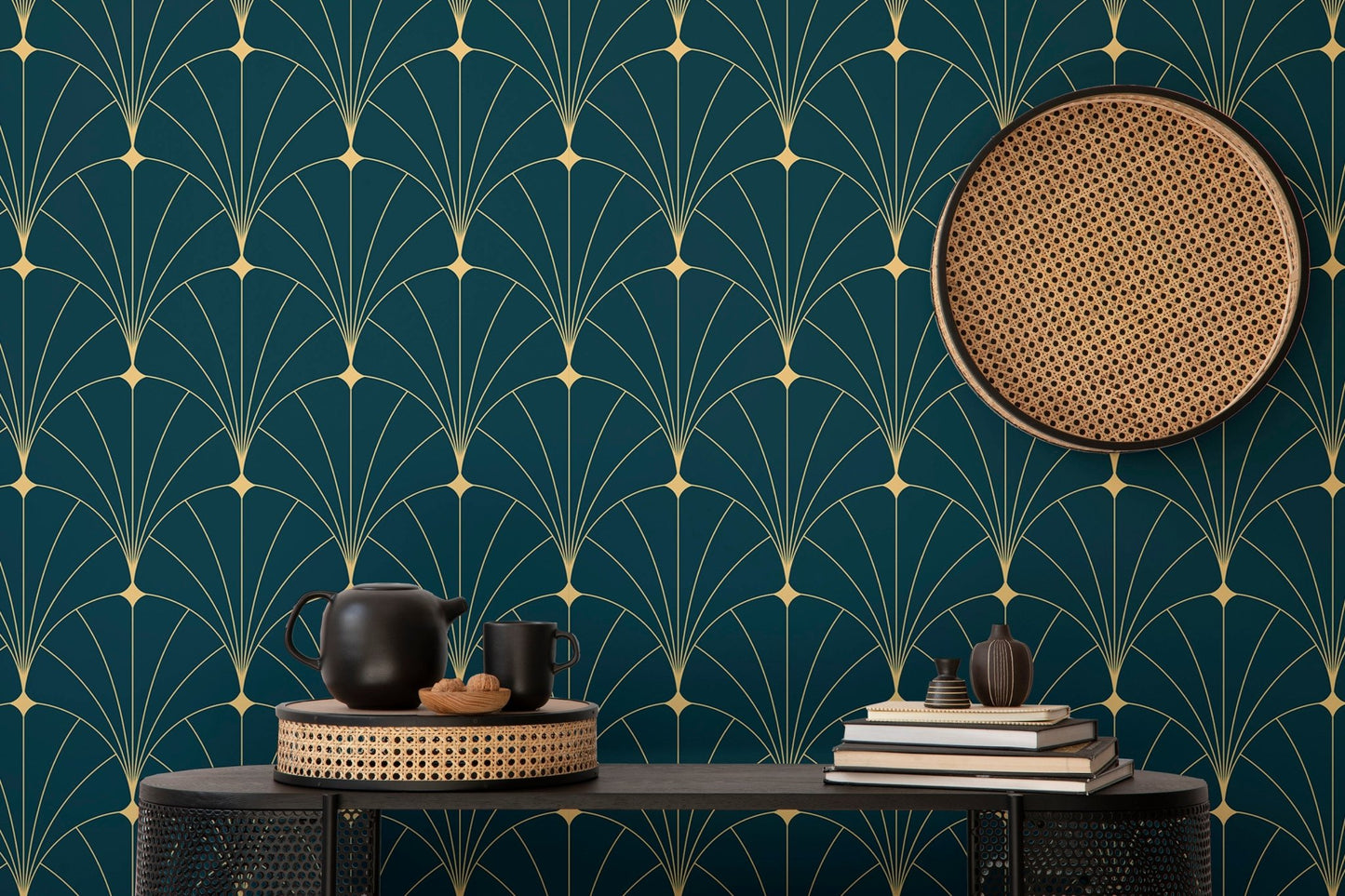 Dark Blue Color Abstract Art Deco Wallpaper decorated with a woven wall basket.