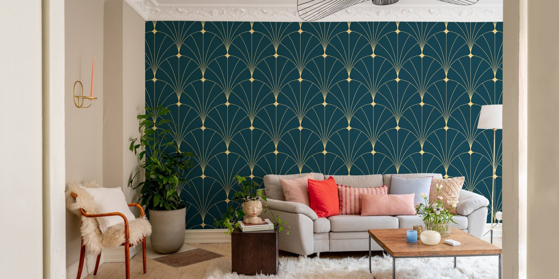 Dark Blue Color Abstract Art Deco Wallpaper in a living area featuring a red sofa.
