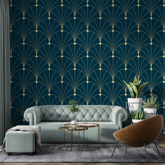 Dark Blue Color Abstract Art Deco Wallpaper in living room with tufted grey sofa.