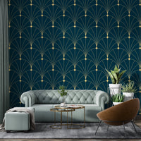 Dark Blue Color Abstract Art Deco Wallpaper in living room with tufted grey sofa.