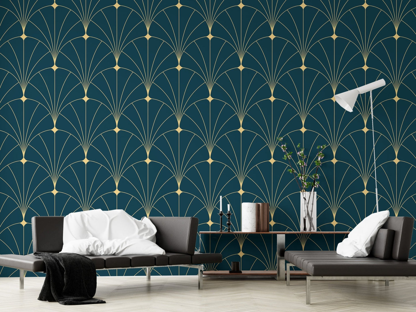 Dark Blue Color Abstract Art Deco Wallpaper in a home office with black living room chairs.