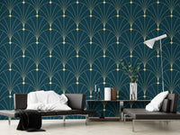 Dark Blue Color Abstract Art Deco Wallpaper in a home office with black living room chairs.