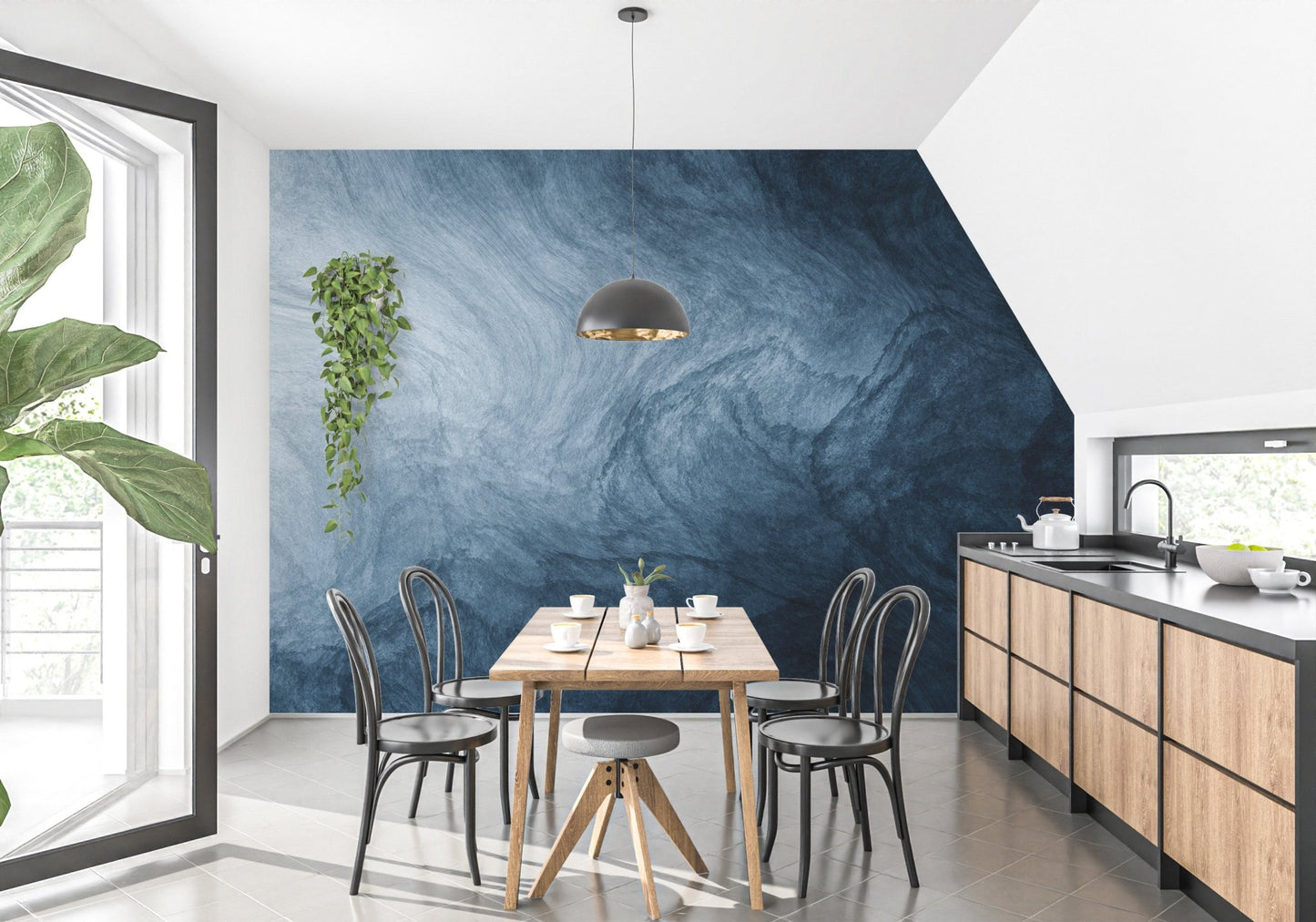 Dark blue liquid wallpaper for a contemporary dining room accent wall.