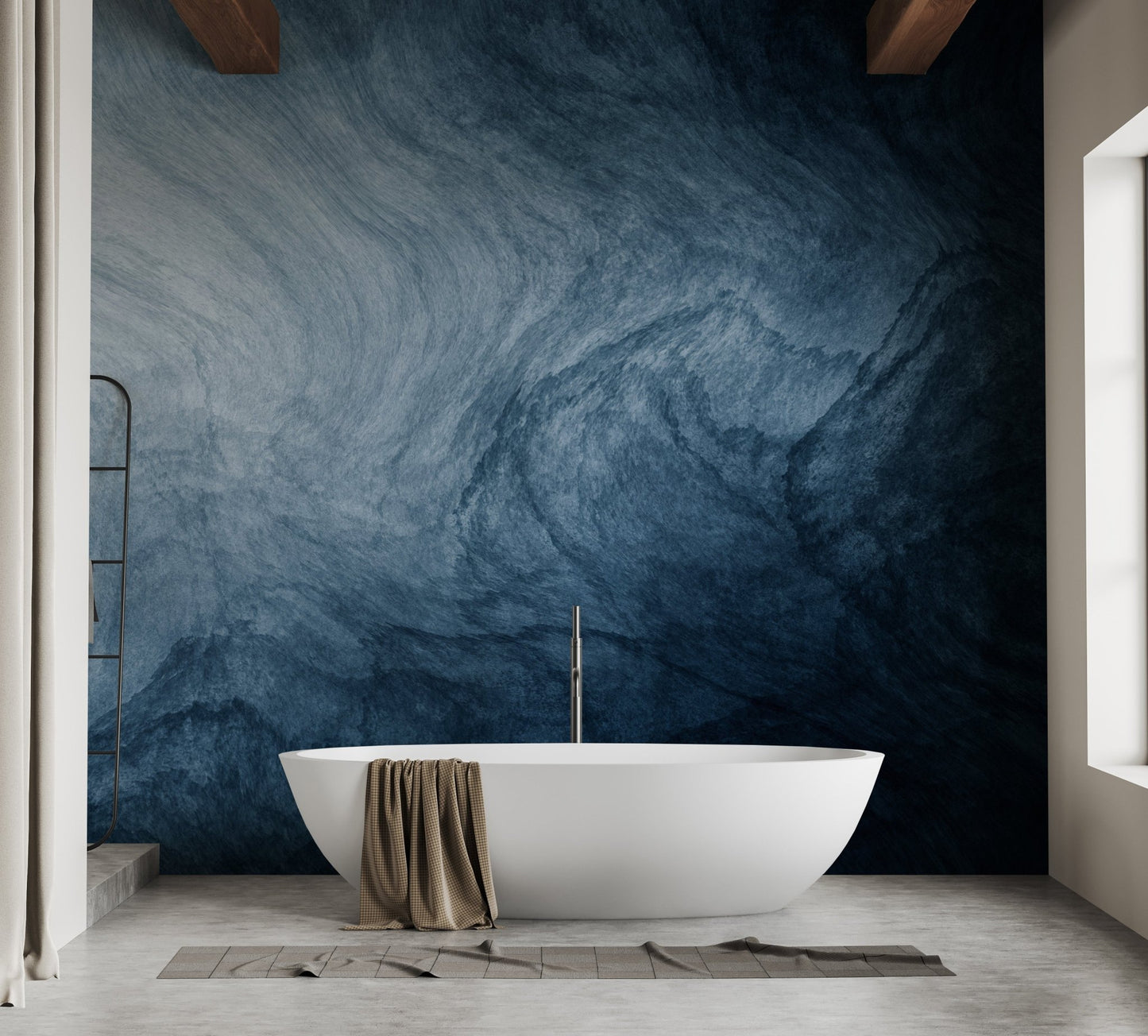 Dark blue liquid fluid texture wallpaper in a modern bathroom with white tub.