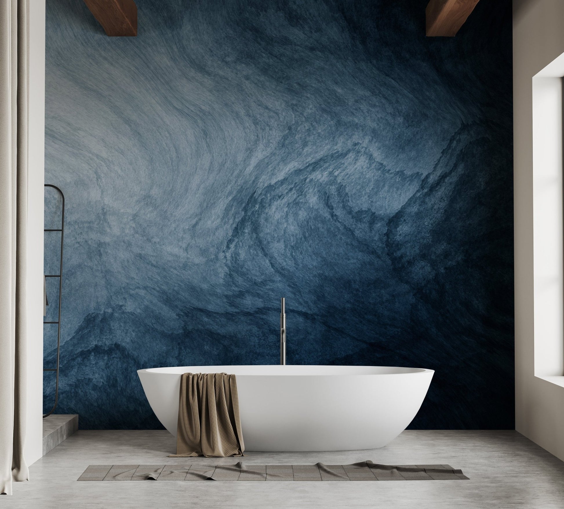 Dark blue liquid fluid texture wallpaper in a modern bathroom with white tub.