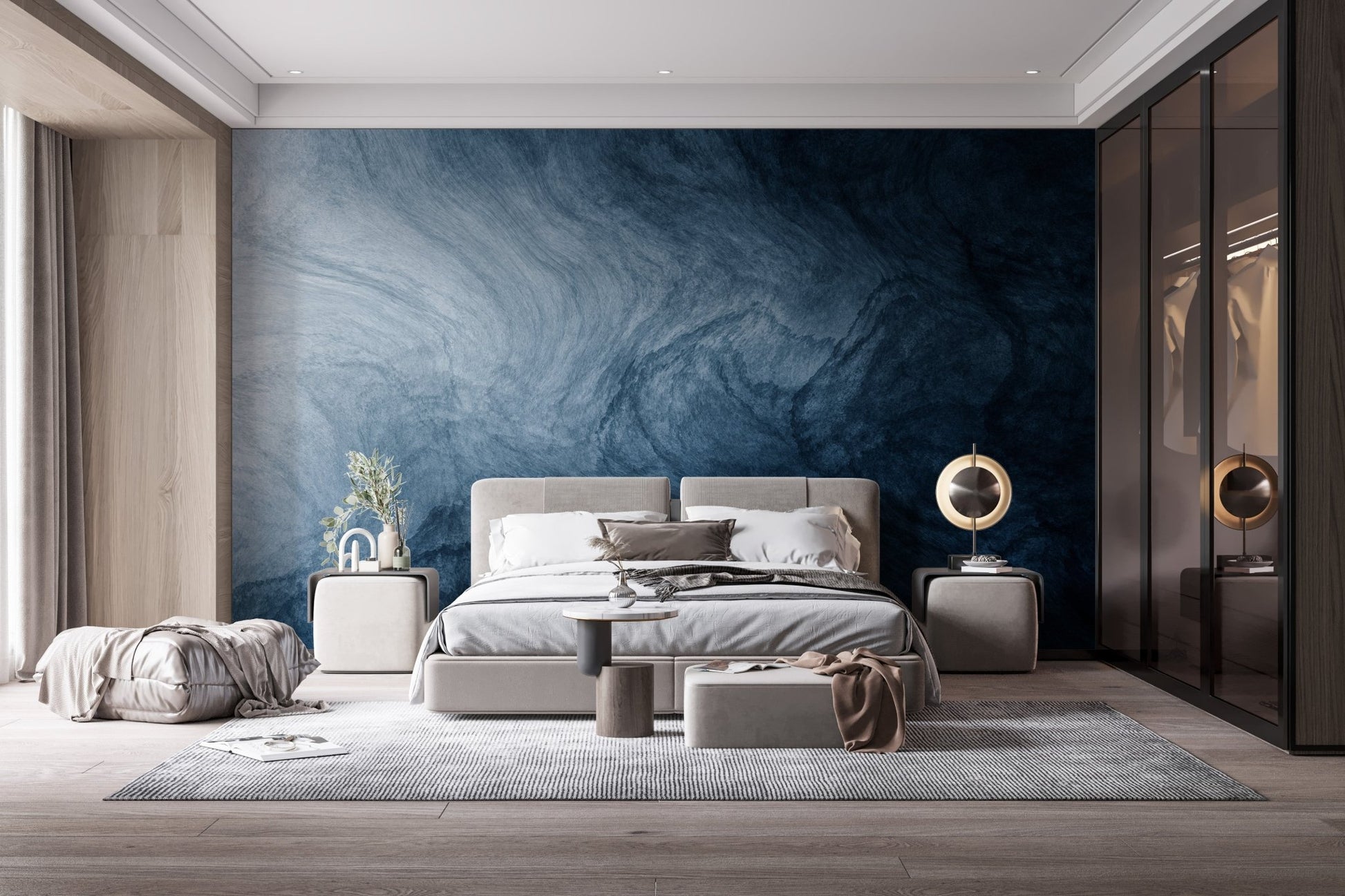 Liquid marble effect wallpaper in a spacious modern bedroom setting.