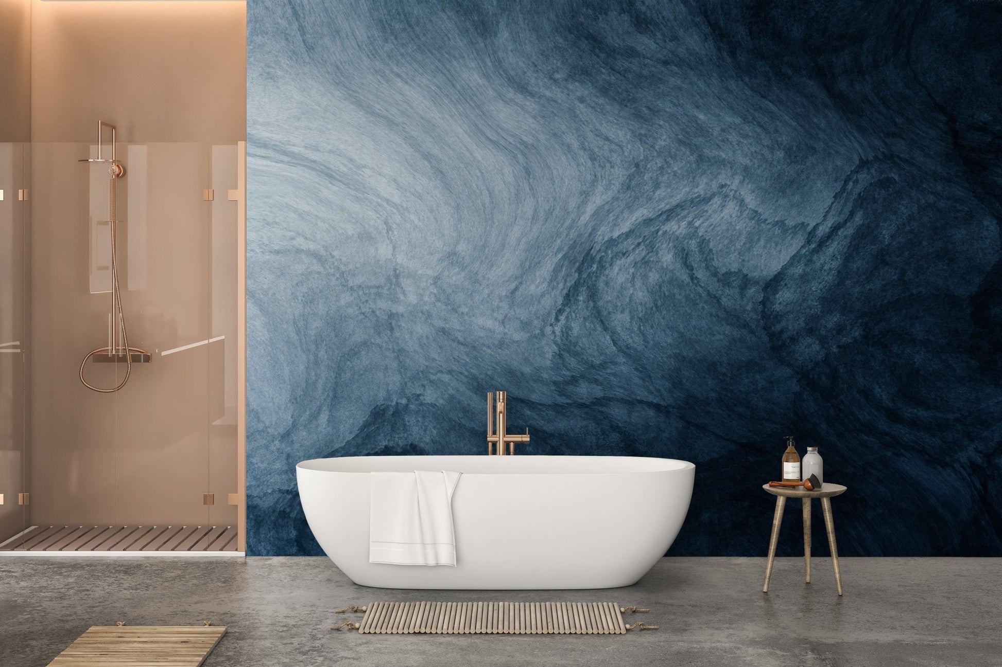 Deep blue fluid texture wallpaper for a sleek bathroom interior.