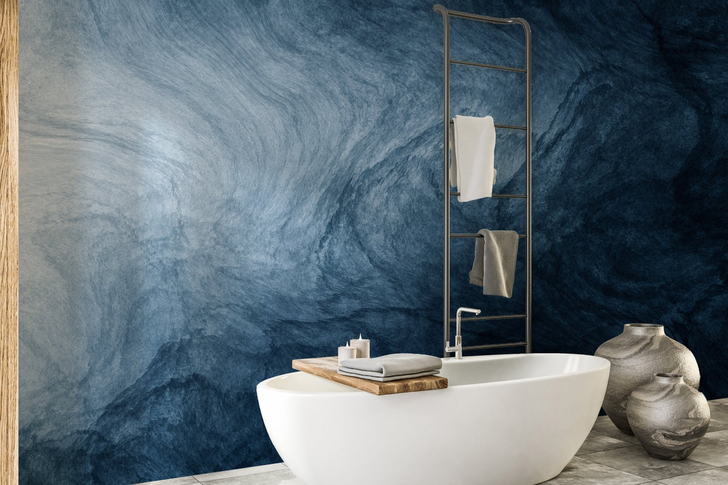 Indigo swirl texture wallpaper for a minimalist ensuite washroom design.