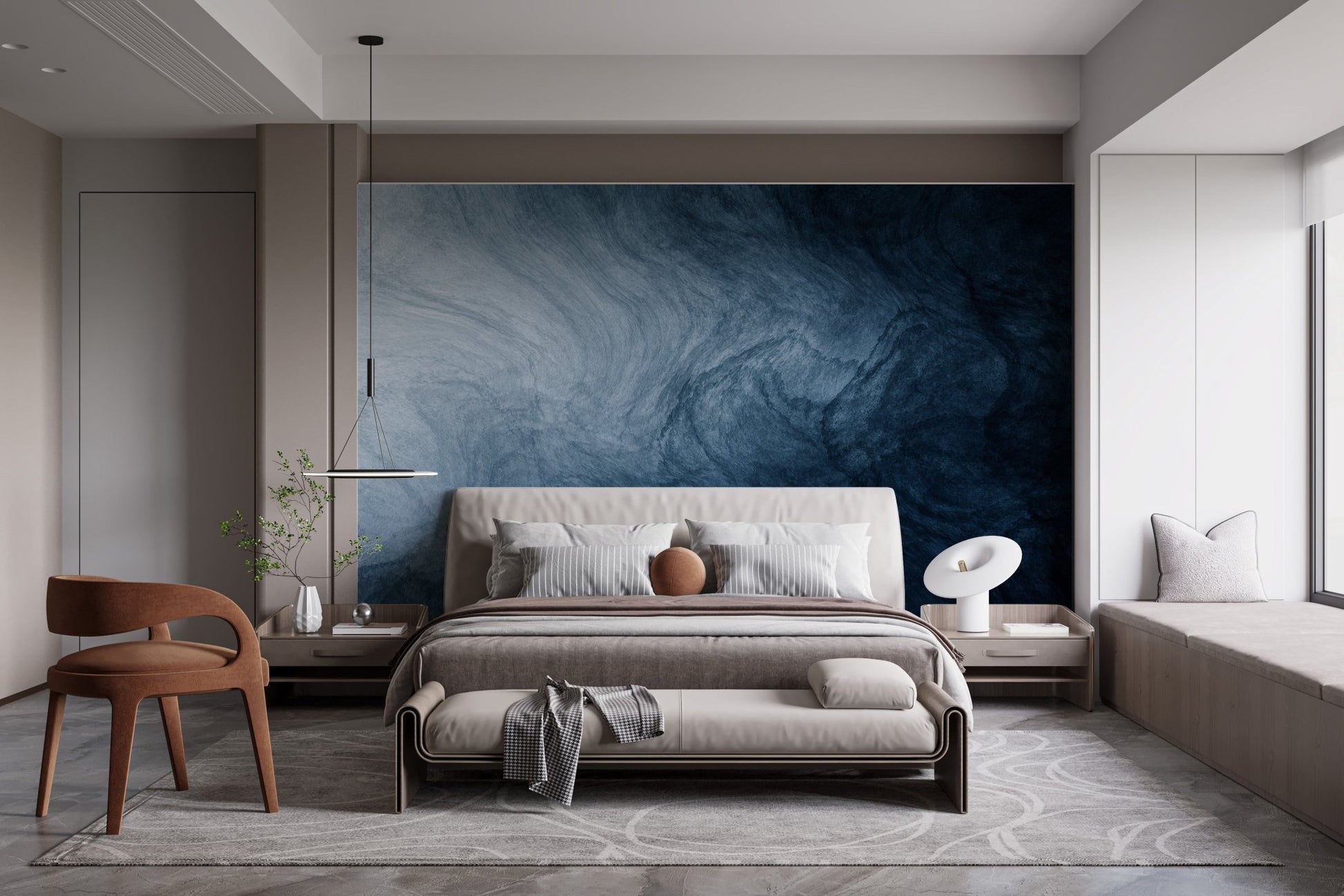 Abstract navy liquid wallpaper in a luxury master bedroom suite.