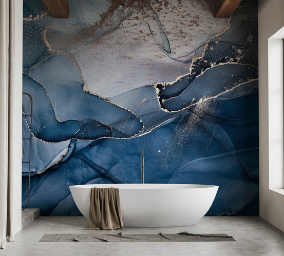 Bathroom featuring a white tub against Dark Blue Marble Faux Wallpaper Murals.