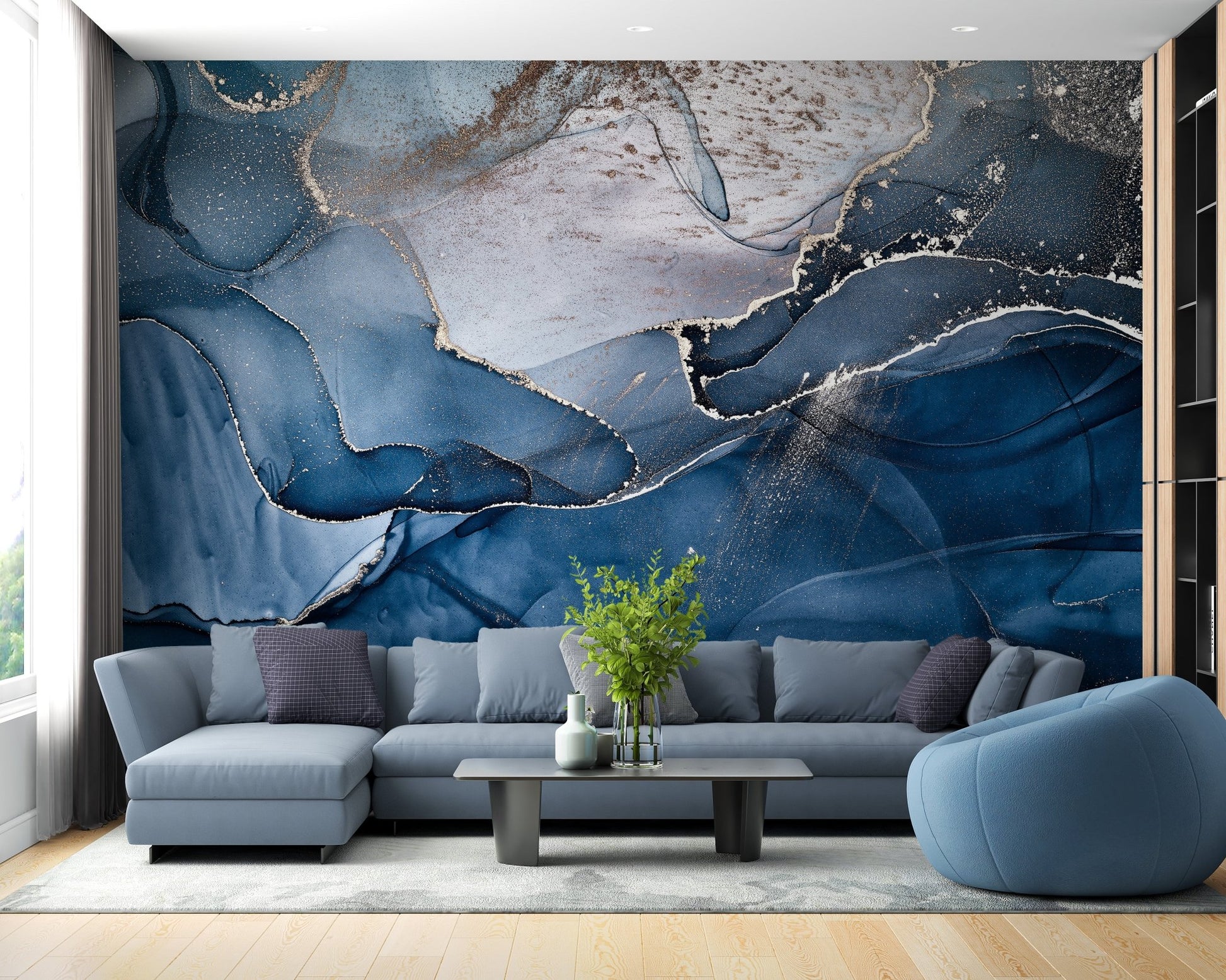 Dark Blue Marble Faux Wallpaper Mural Decor