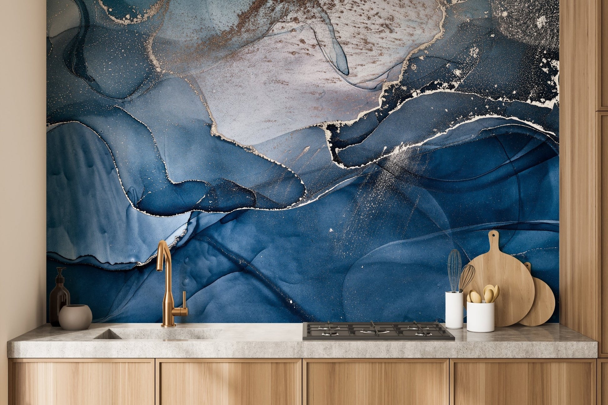 Dark Blue Faux Marble Wallpaper Mural Design