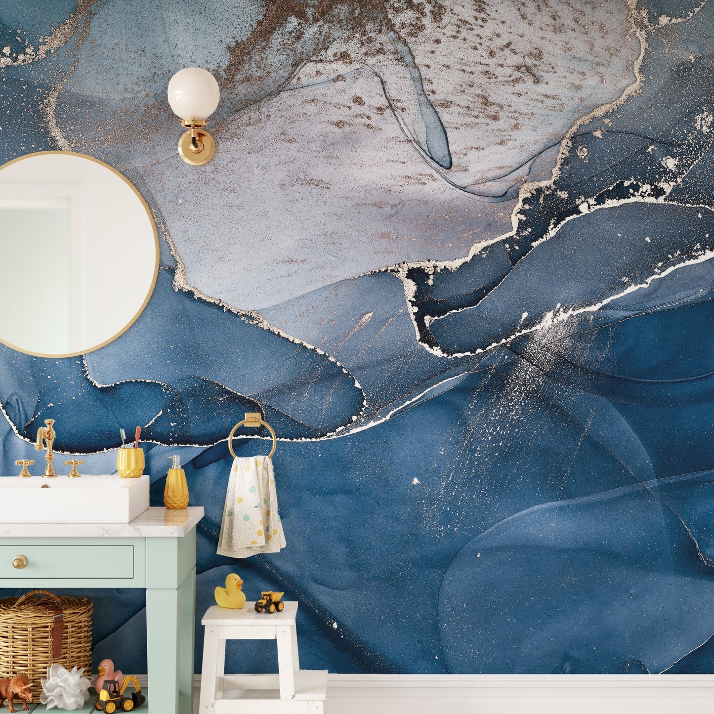 Faux Dark Blue Marble Wallpaper Mural Style
