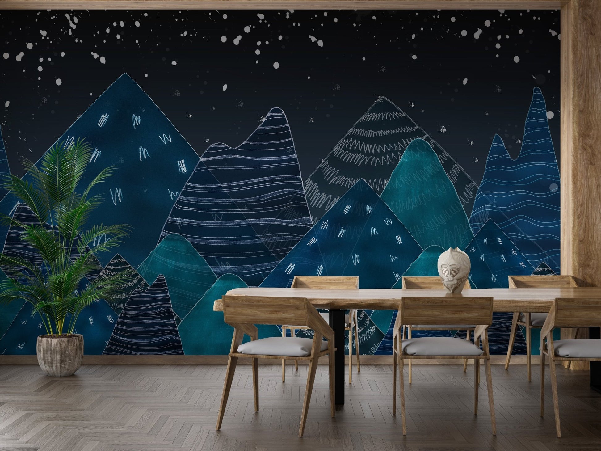 Dining area wall mural showing dark blue alpine mountains and stars