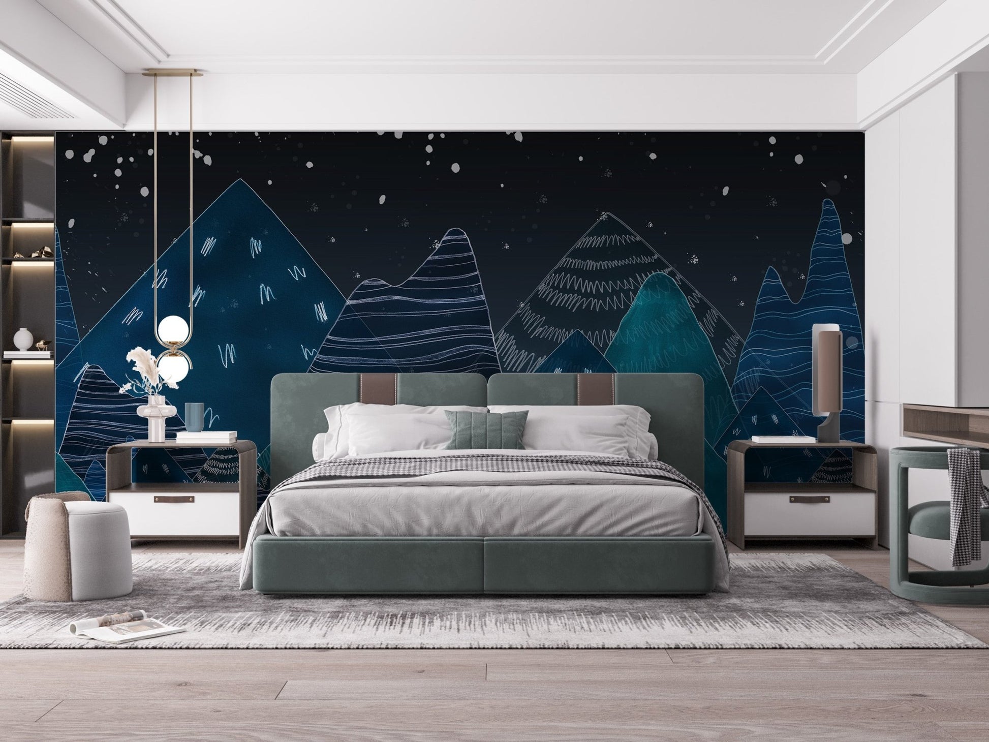 Contemporary bedroom styled with a dark blue mountain scenery wall mural